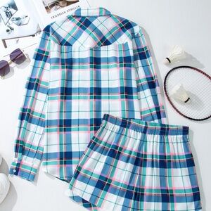B144 Blue Plaid Print Shirt and Shorts 2 Piece Lounge Set